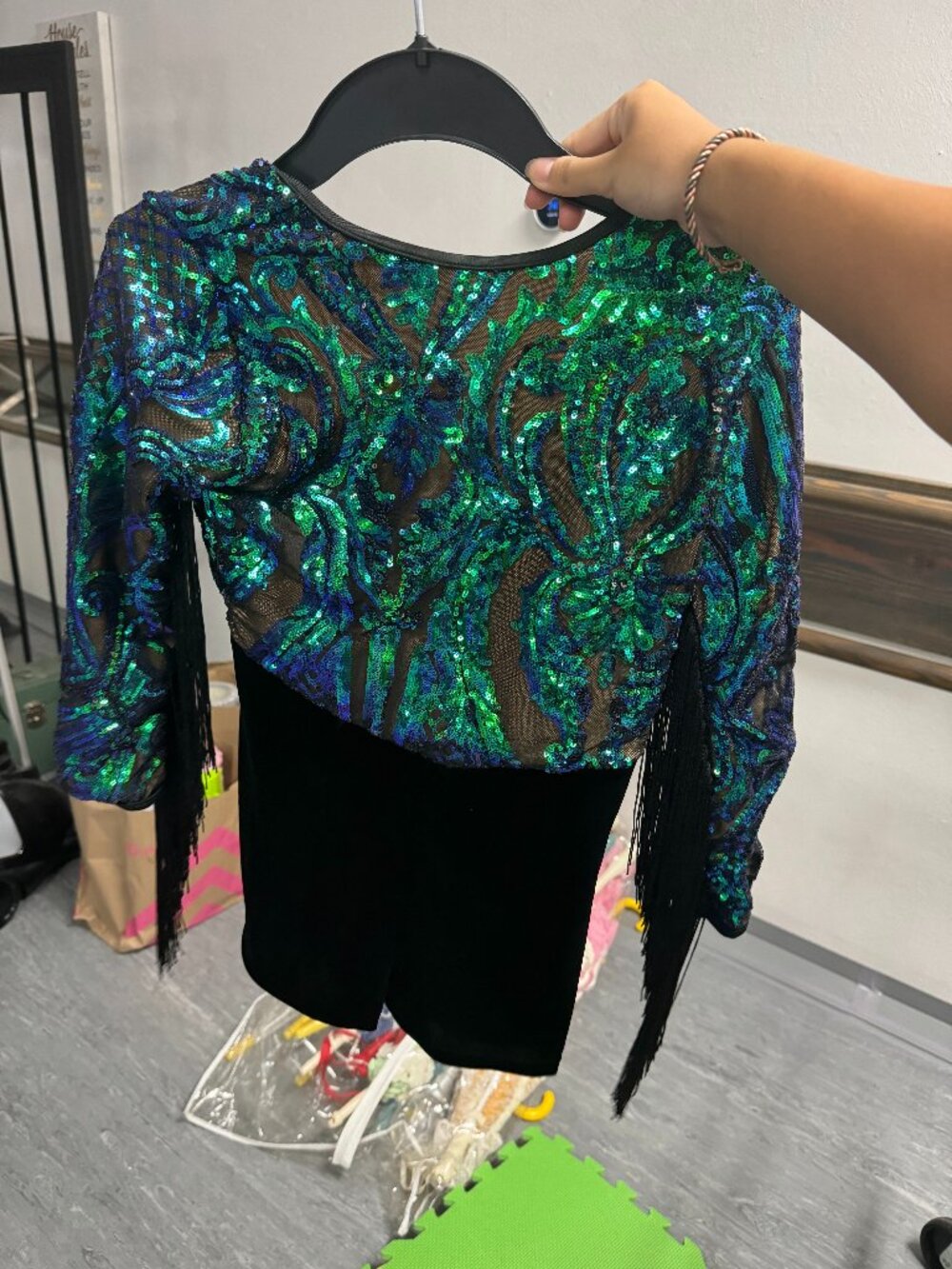 Revolution Green and Blue Sequined Fringe Dance Biketard, x-large child